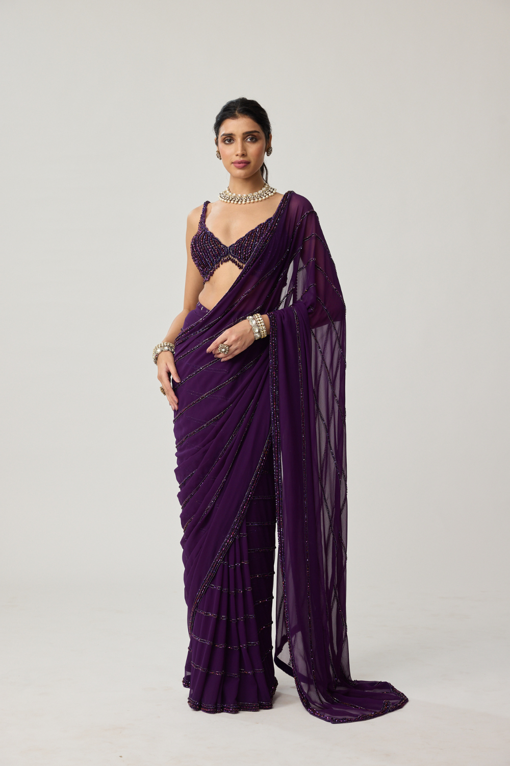 Royalty purple Crystal saree set