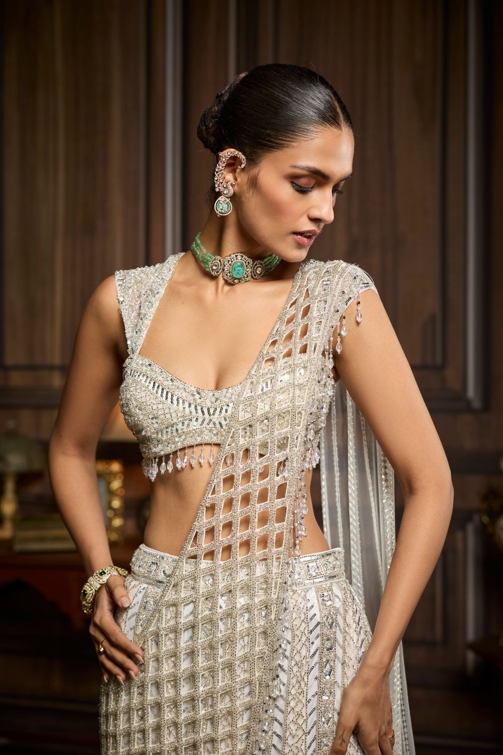 SILVER EMBELLISHED MERMAID SKIRT SAREE SET