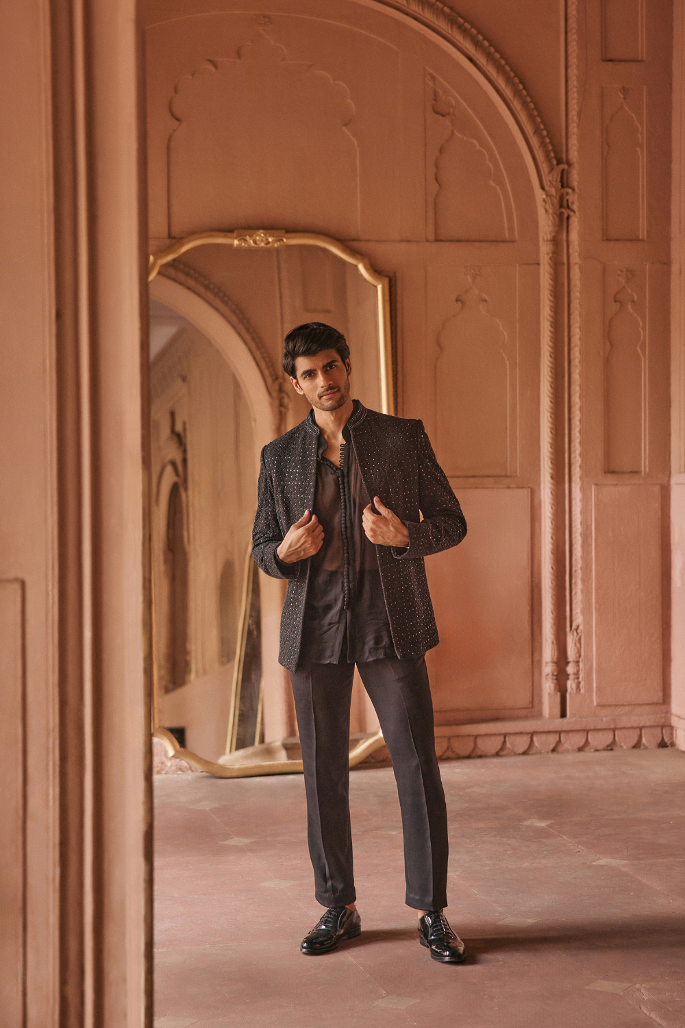 Black, mirrorwork, jacket ensemble