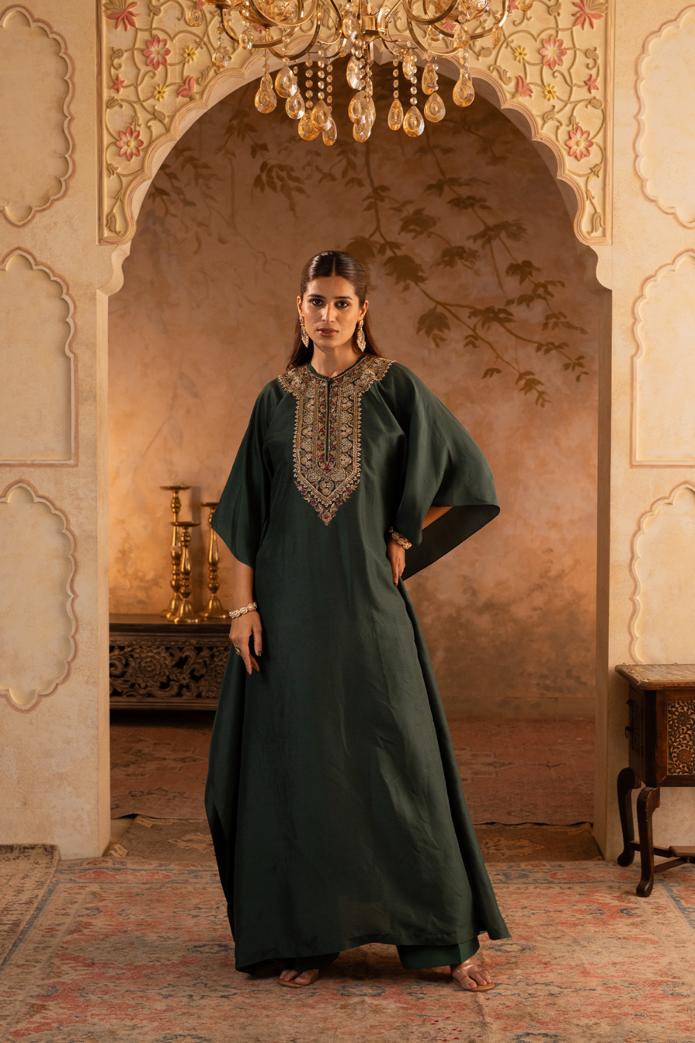 Bottle Green Silk Kaftan Dress