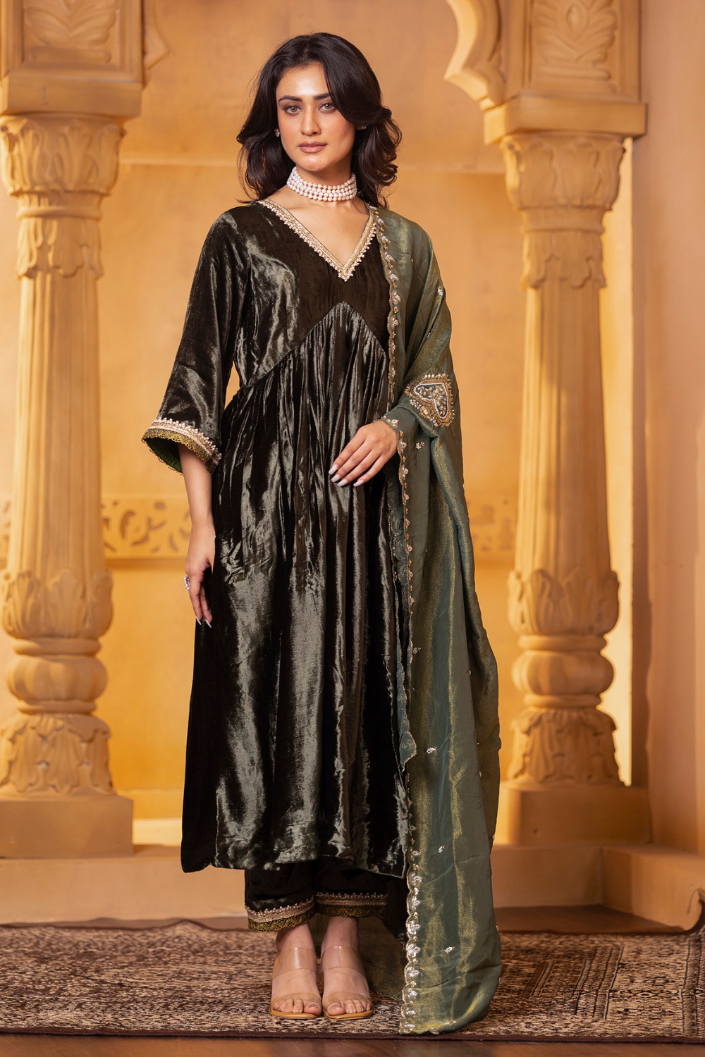 Olive Green Velvet Anarkali Set