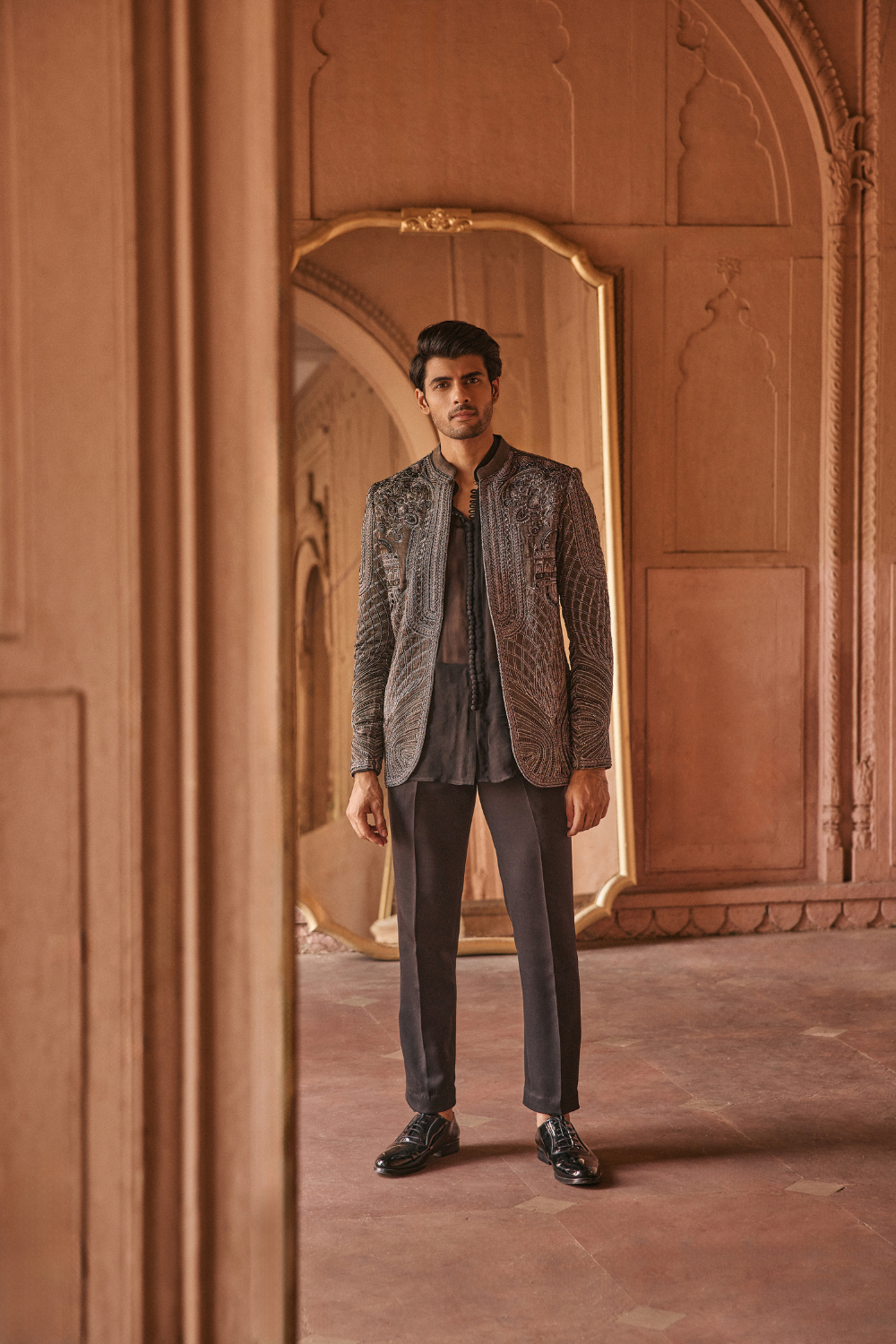 Black, dori embroidery, tissue, jacket ensemble