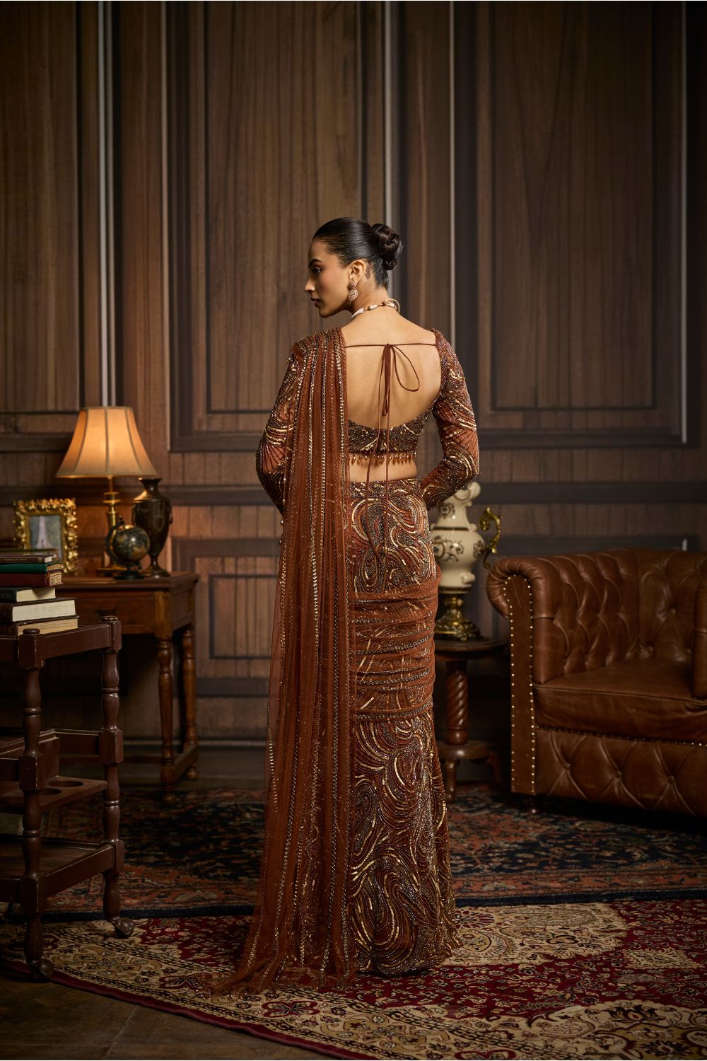 METALLIC GOLD EMBELLISHED SKIRT SAREE SET