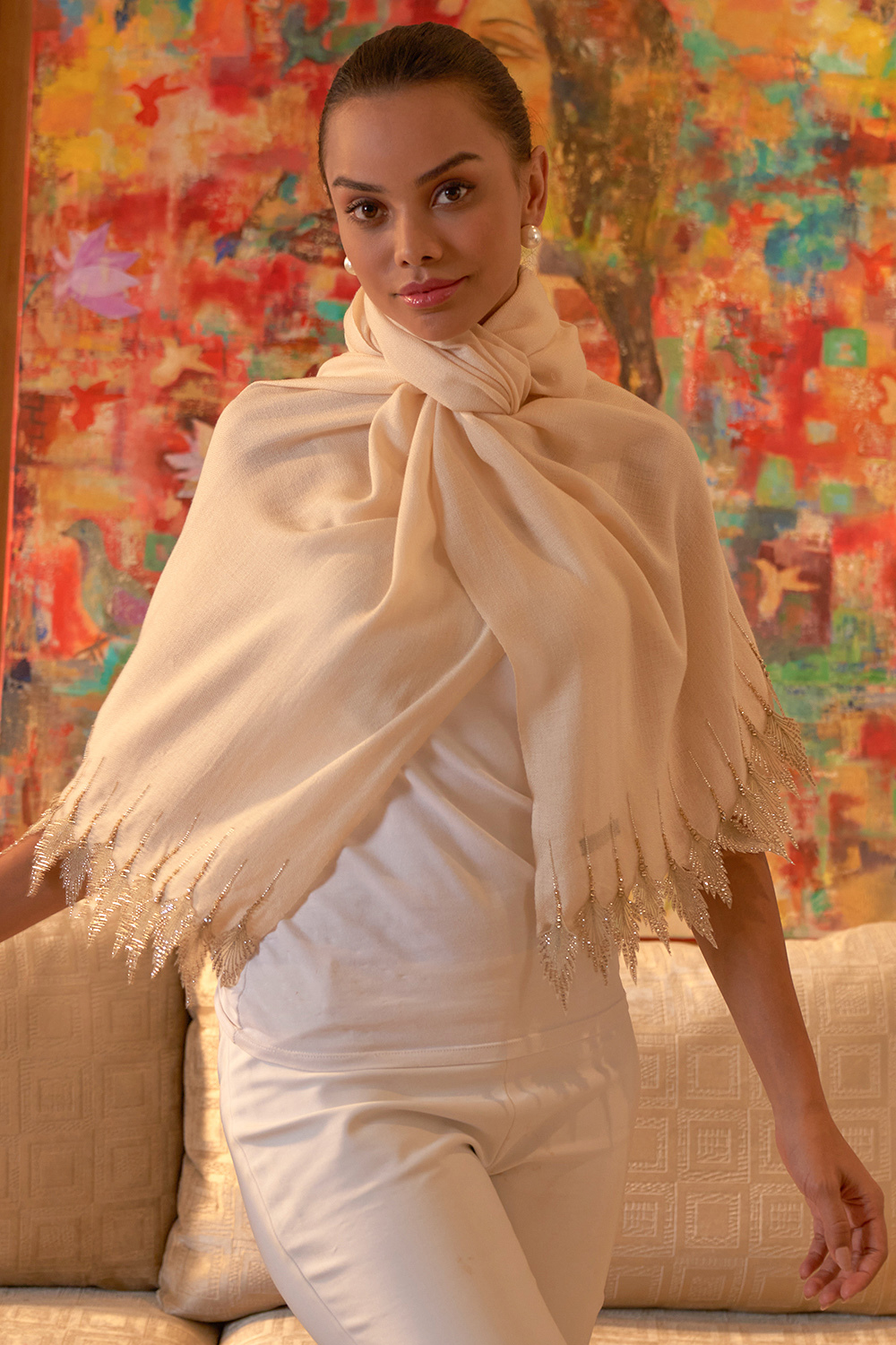 Leafy Sparkle | Embroidered Wool Silk Stole – Beige