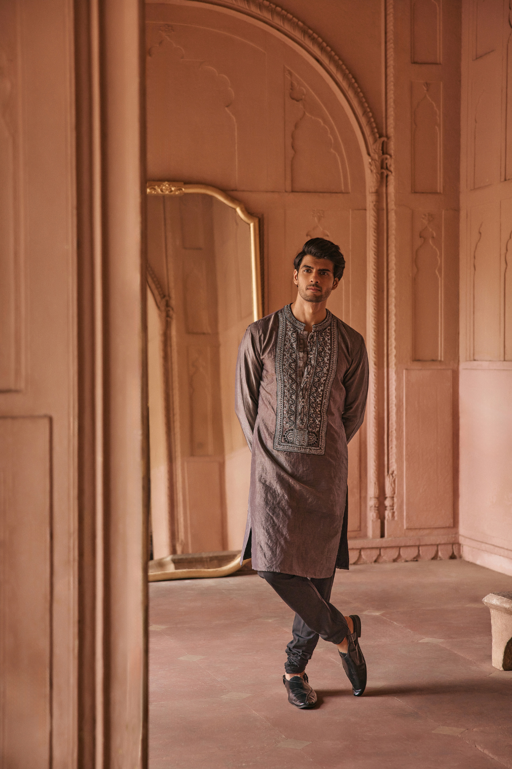 Black, dori embroidery, silk tissue, kurta ensemble