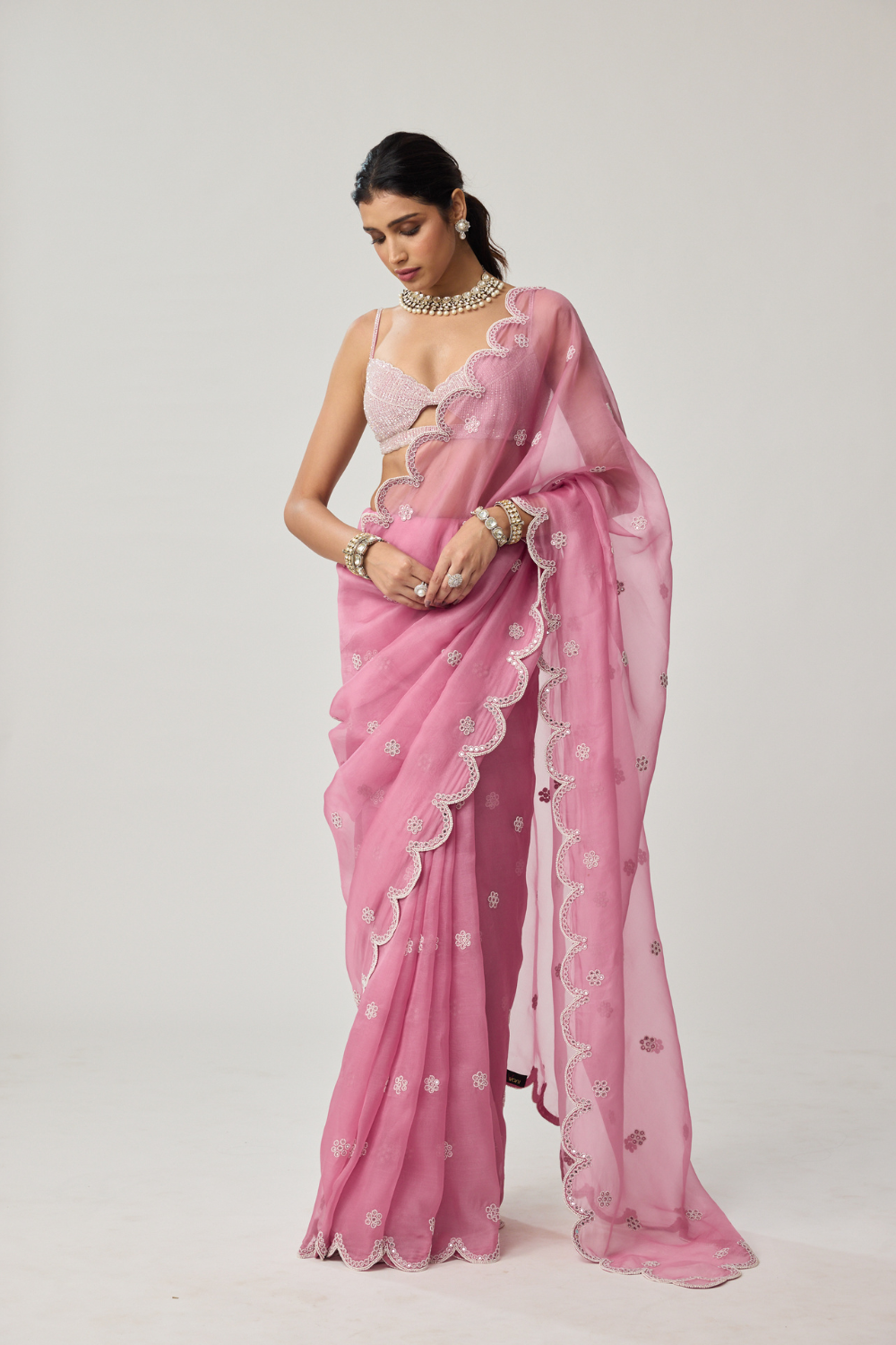 Onion Pink Organza Pearl saree set