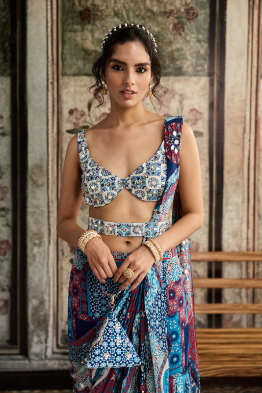 IVORY BUTTA PRINT AND HIGHLIGHTED BLOUSE WITH TEAL PRINT AND HIGHLIGHTED GHARARA SAREE SET