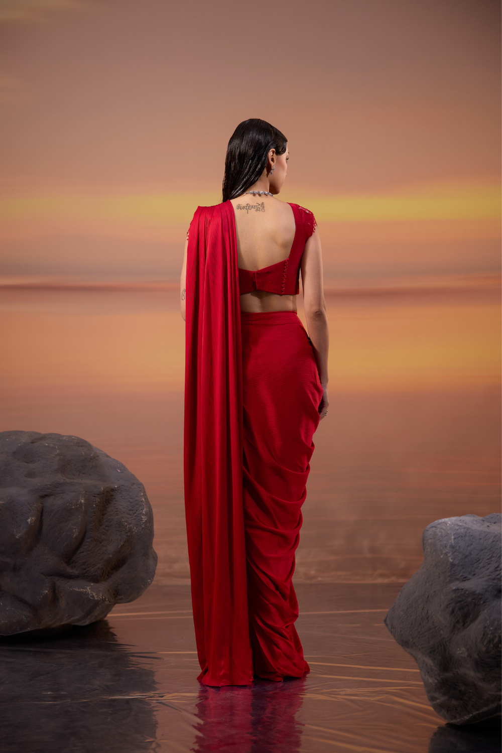 Red Embellished Drape Saree
