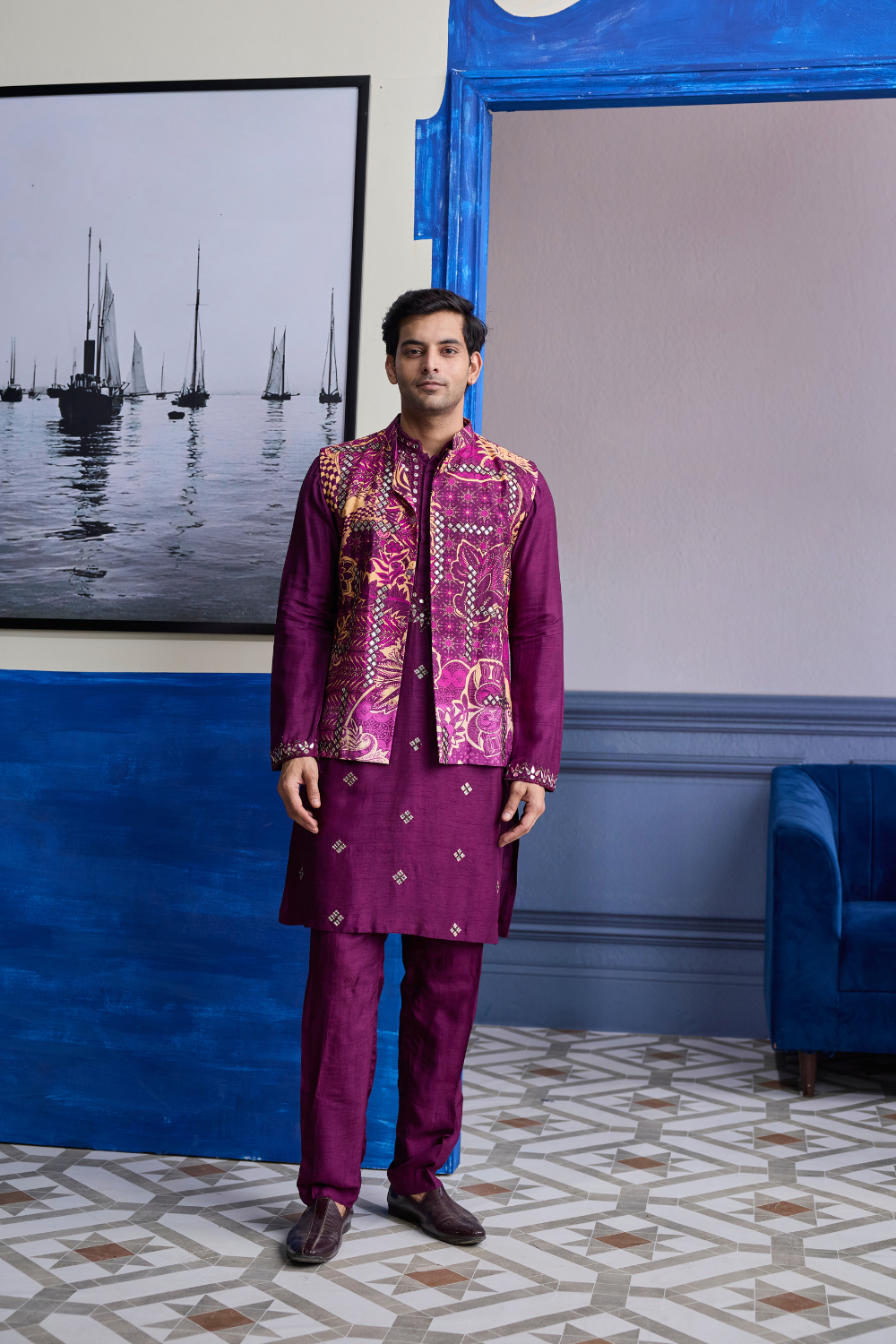 PLUM PRINT HIGHLIGHTED BUNDI WITH SOLID EMBROIDERED KURTA WITH SOLID PANTS