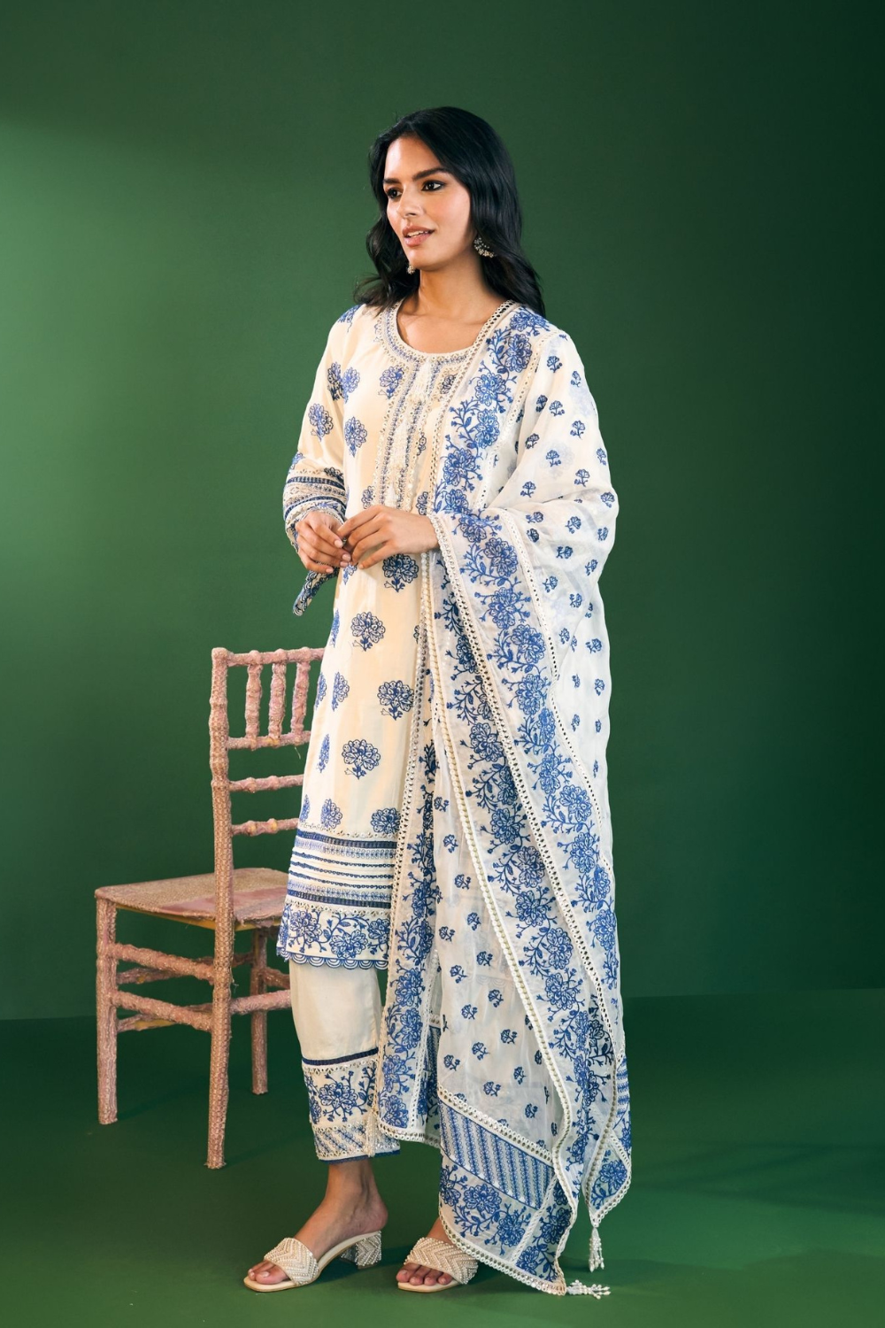 Reha Pima Satin Off White Kurta Set