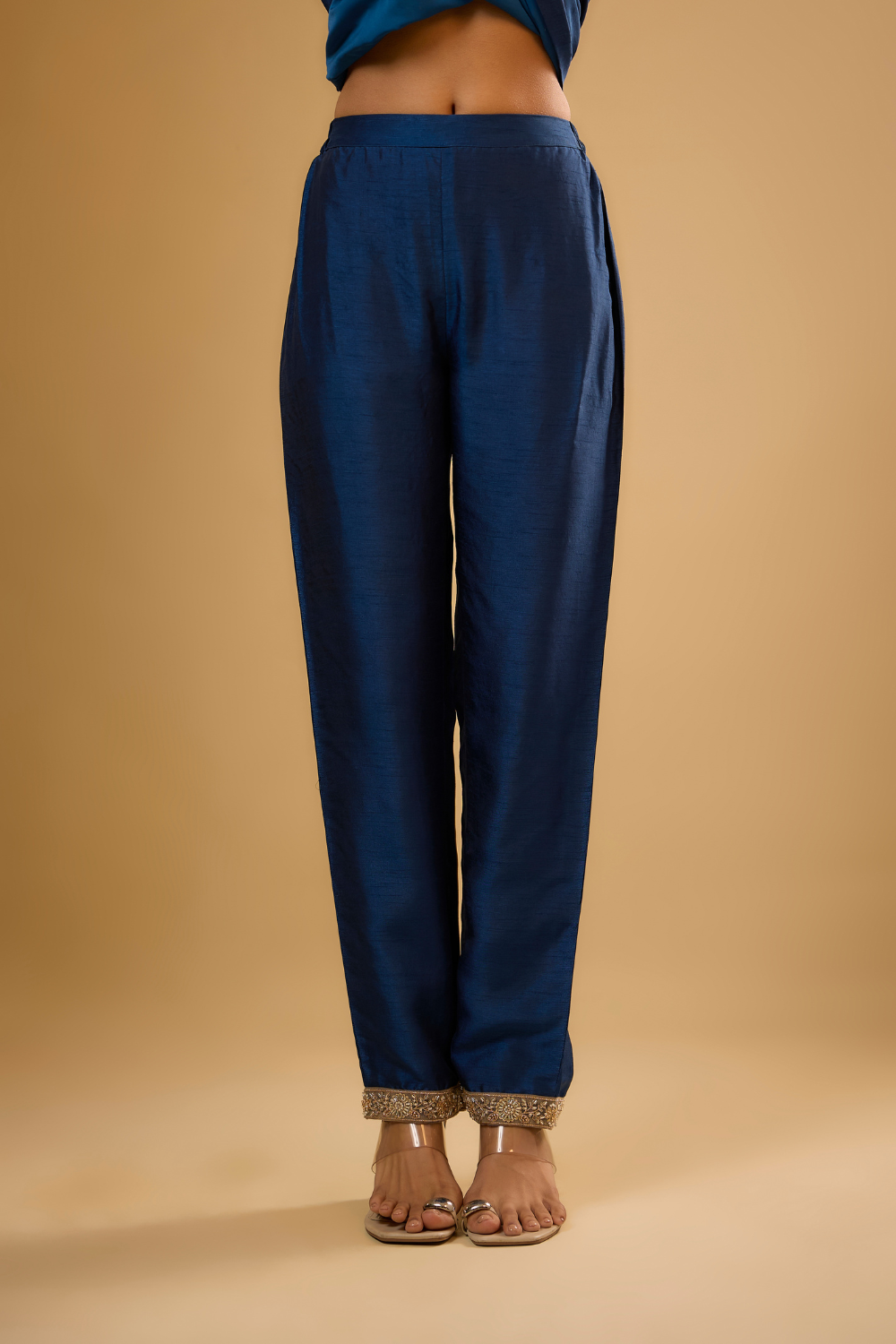 Egyptian blue semi dupion kurta pants set with floral gold embroidery