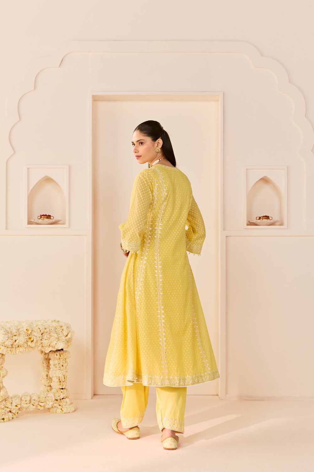 FIRDAUS -LEMON YELLOW LONG KALIDAAR CHAUGA WITH DOGRI SALWAR AND DUPATTA