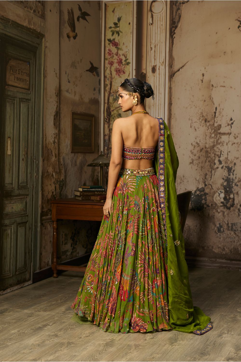 COLORFUL EMBROIDERED BLOUSE WITH PEAR GREEN LEHENGA SET