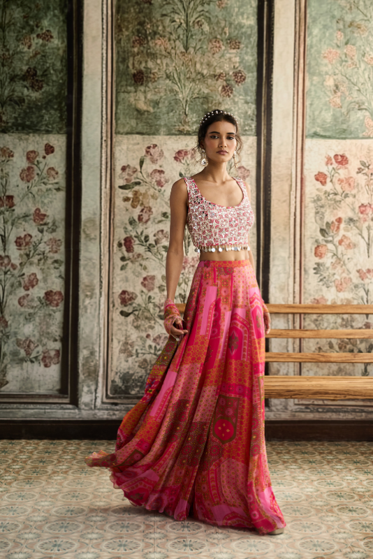 IVORY BUTTA PRINT AND HIGHLIGHTED SQUARE NECK BLOUSE WITH YELLOW-FUSCHIA PRINT SHARARA SET