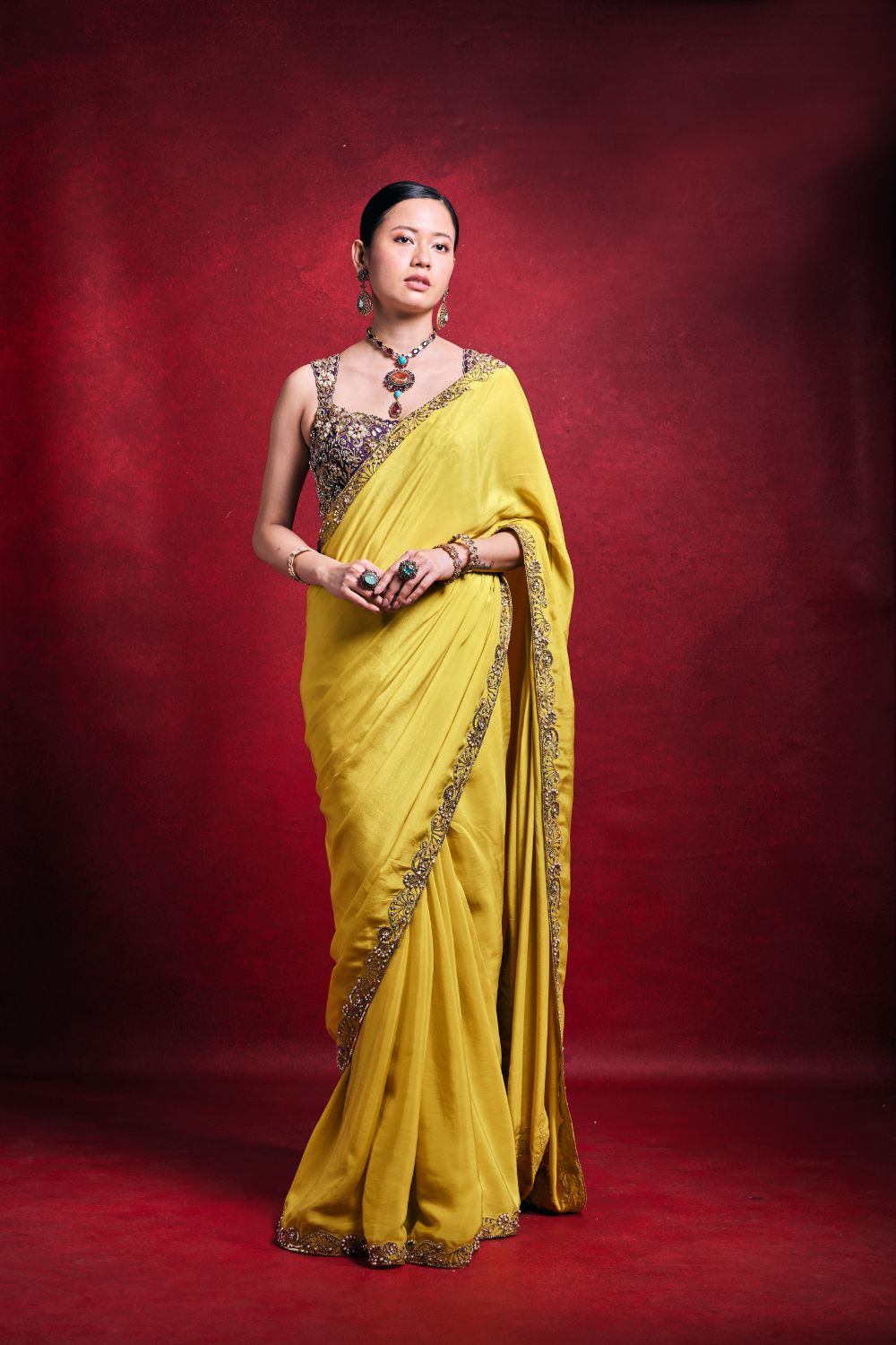 YELLOW CREPE SAREE SET