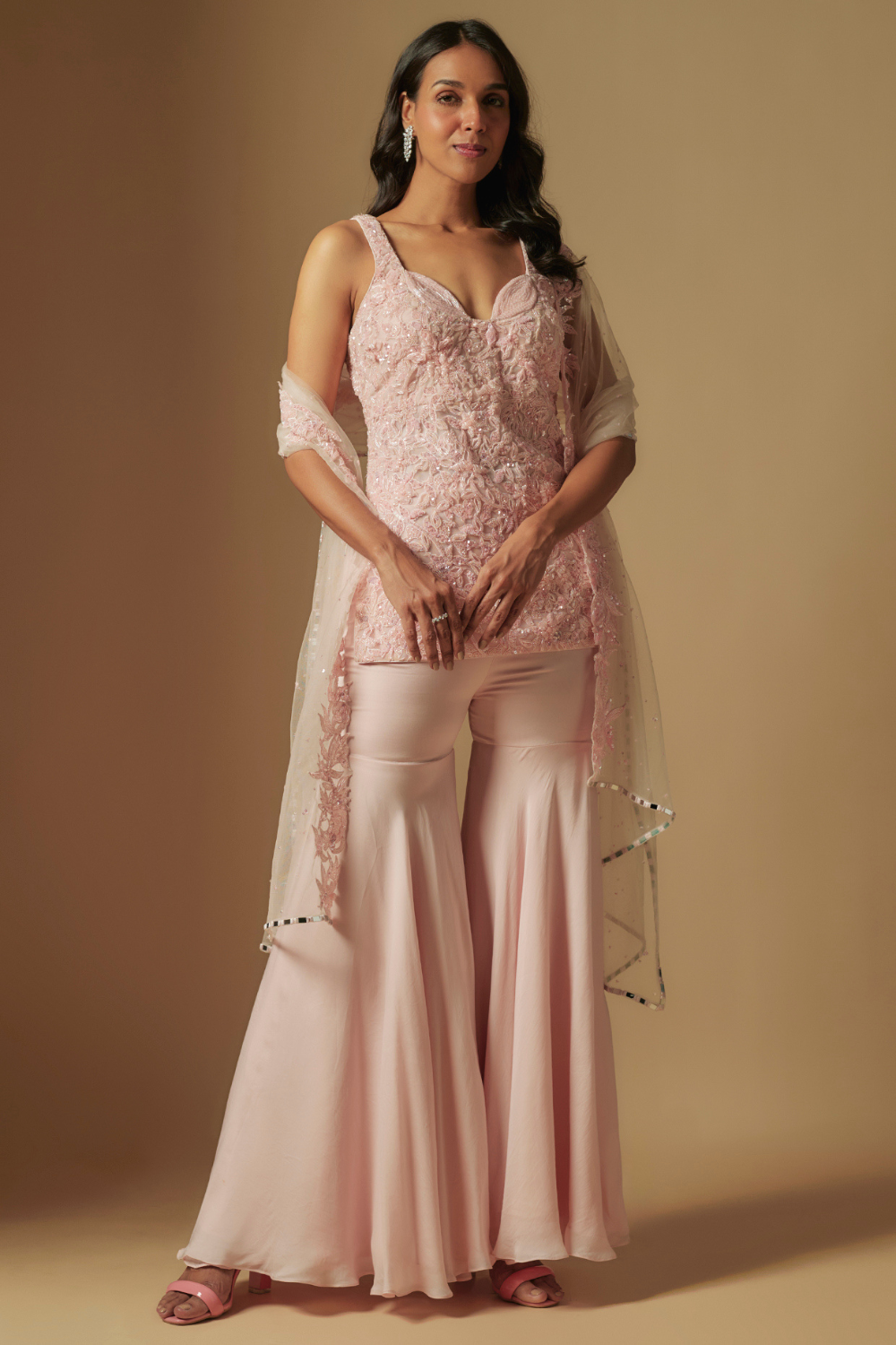 Ixorus Hand embroidered short kurti with sharara and hand embroidered dupattta