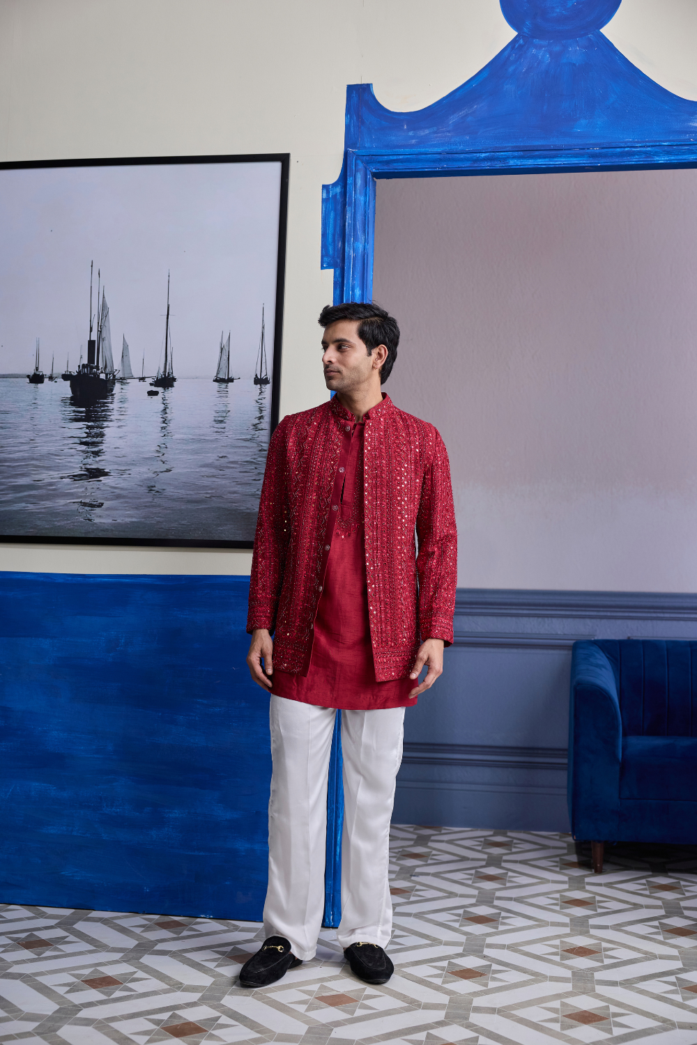 Maroon Mirror Embroidered & Thread Work Bandhgala Jacket with Kurta & Pants