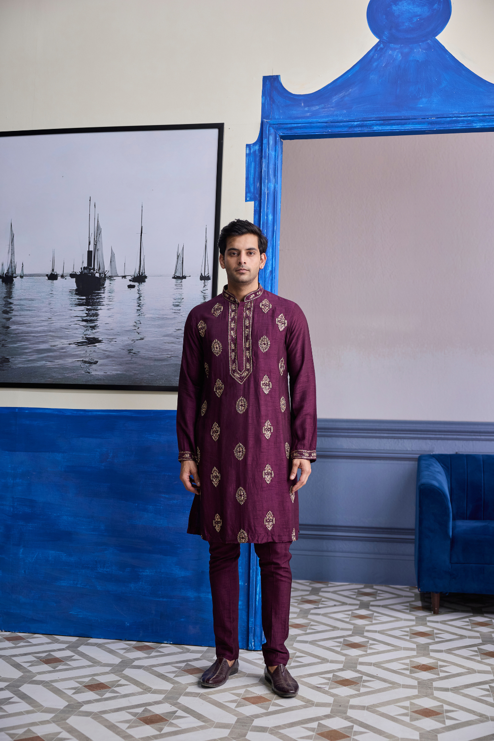 Plum Embroidered Placket Kurta with Pants