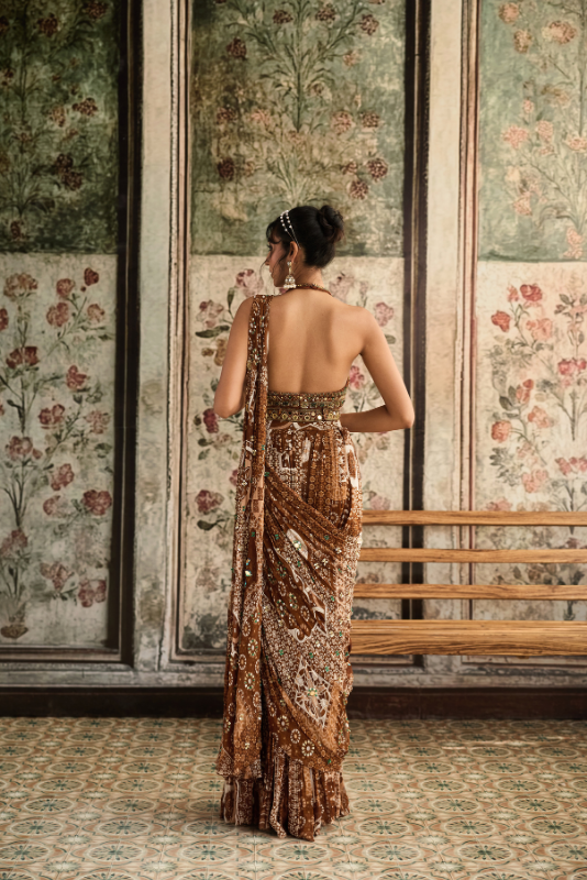 CARAMEL EMBROIDERED HALTER BLOUSE AND CARAMEL PRINT & HIGHLIGHTED SAREE SET