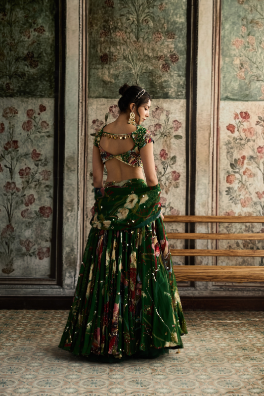 GREEN FLORAL PRINT AND HIGHLIGHTED LEHENGA SET