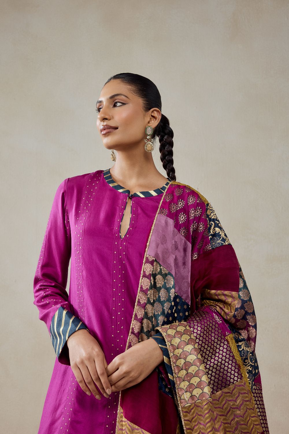 Wine Salwar Suit With Multicolour Brocade Dupatta Set
