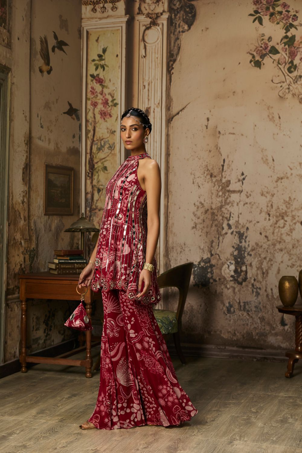SCARLET RED PRINTED AND HIGHLIGHTED PEPLUM SET