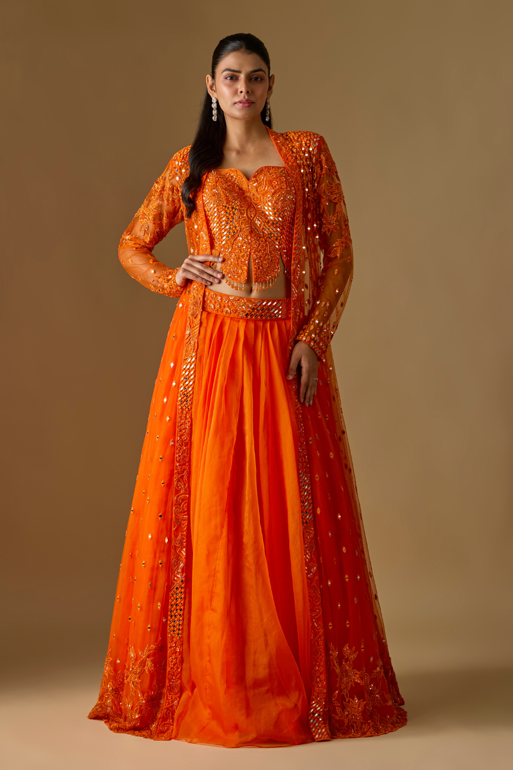 Salora- Orange Long Jacket with Corset Blouse and Organza Lehenga