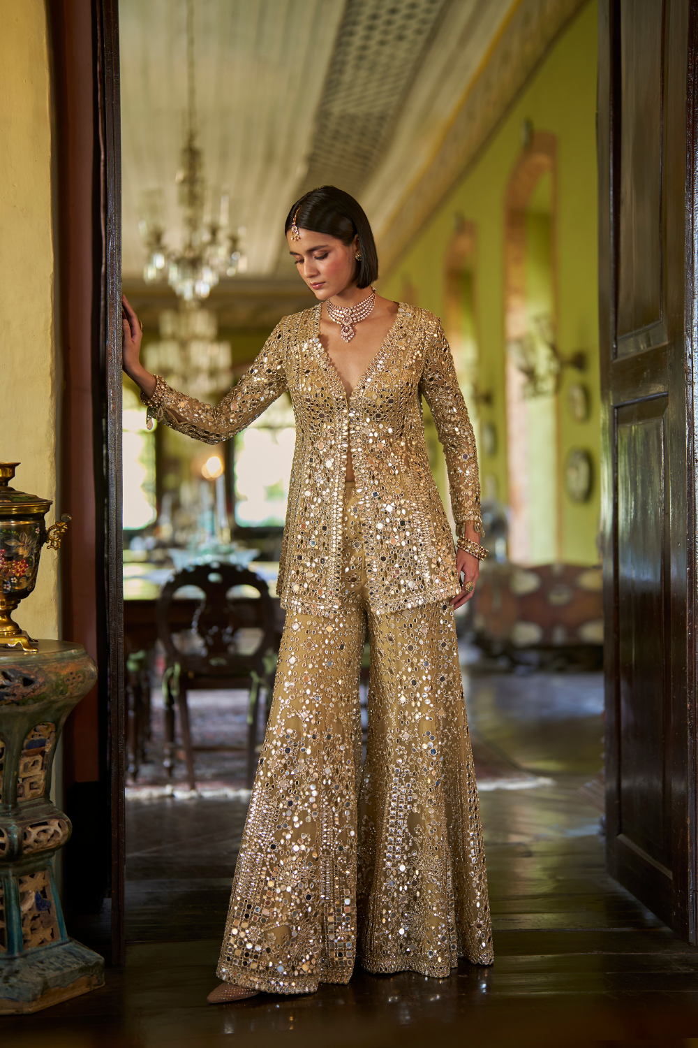 Gold Mirror Work Sharara Set