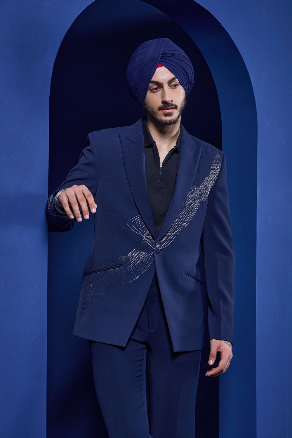 Navy Blue blazer detailing with silver zari