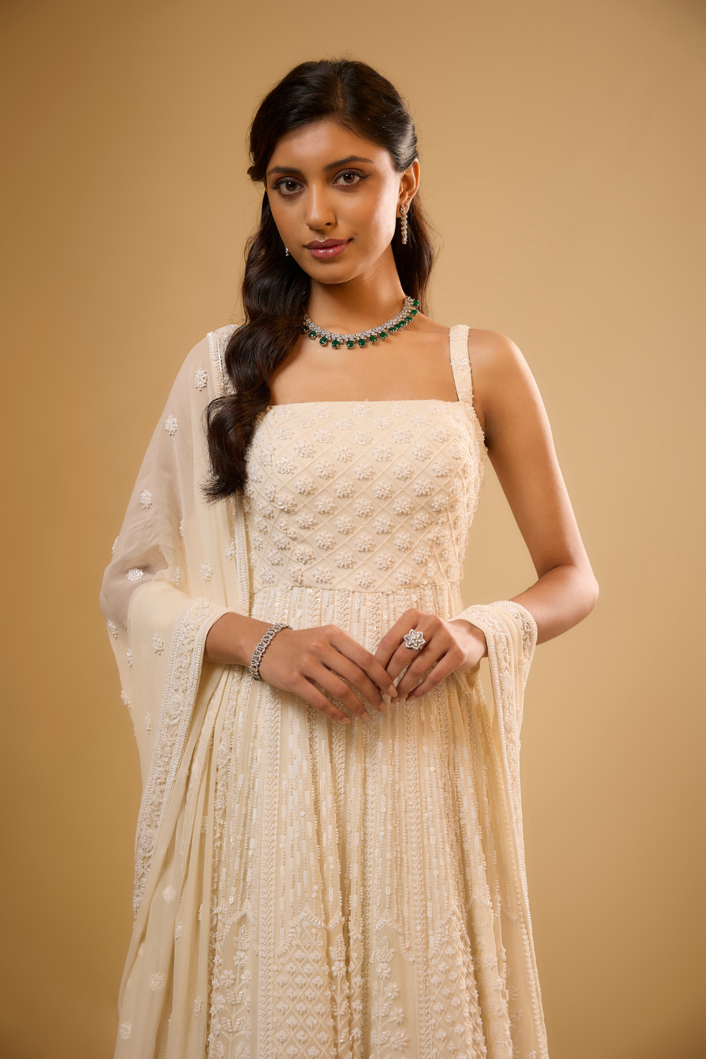 Vanilla white georgette anarkali set with sequins & glass beads