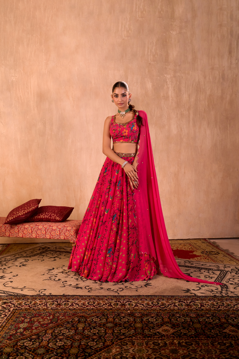 PINK PRINT EMBROIDERED CHOLI, LEHENGA AND DUPATTA SET
