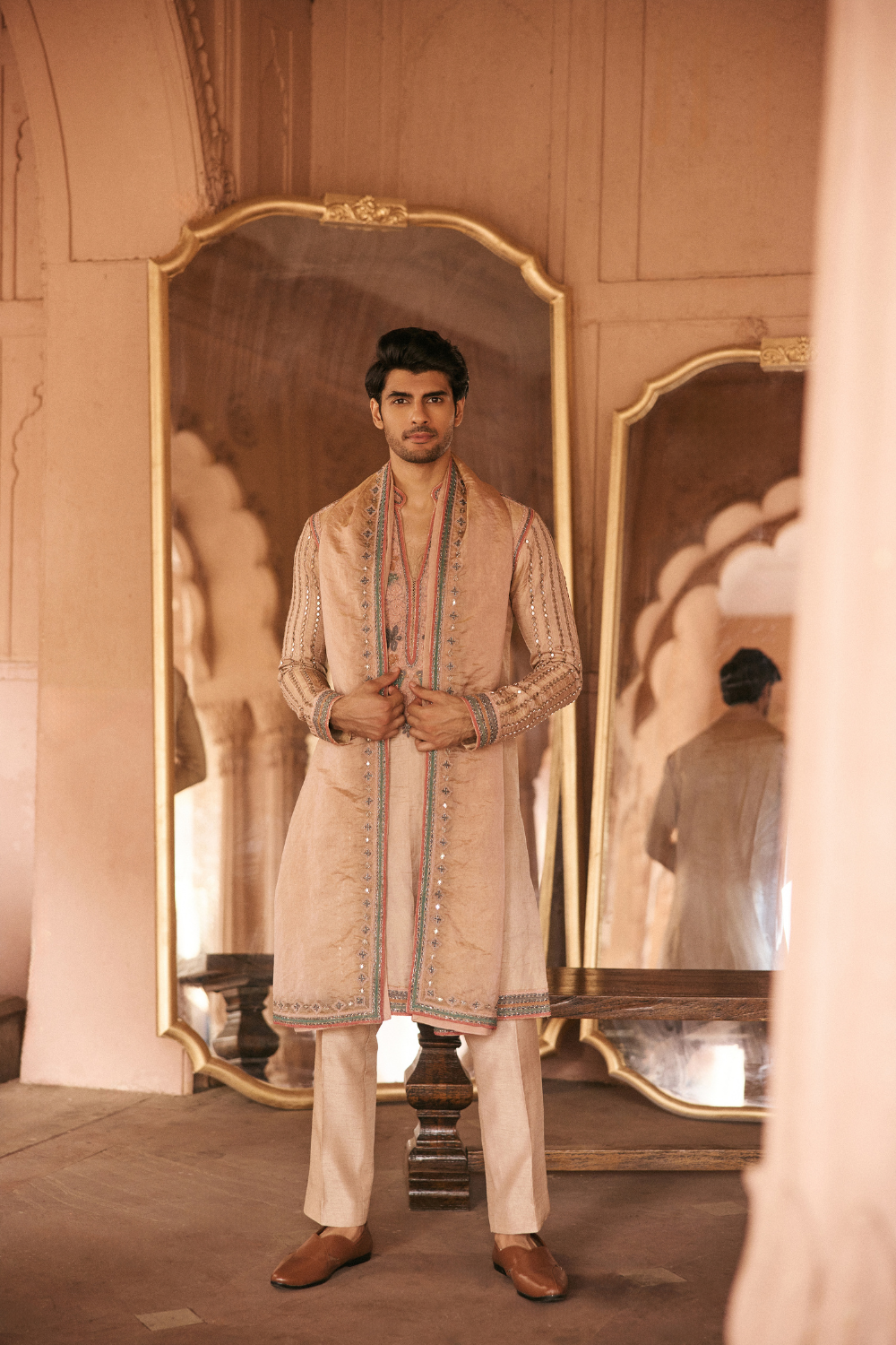 Multi-colour, Mirrorwork, tissue, kurta set
