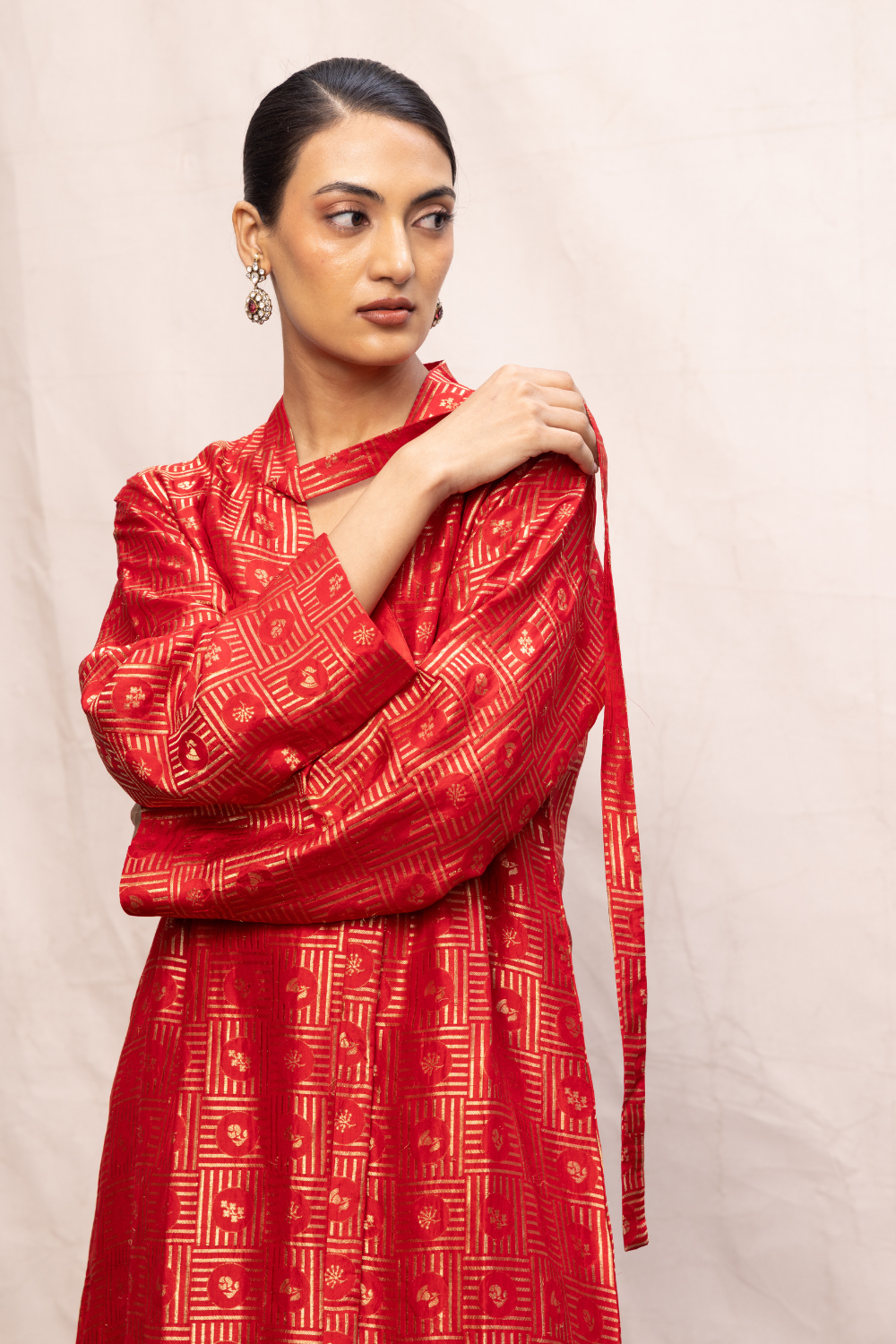 Handwoven Red Silk Embossed Kaftan