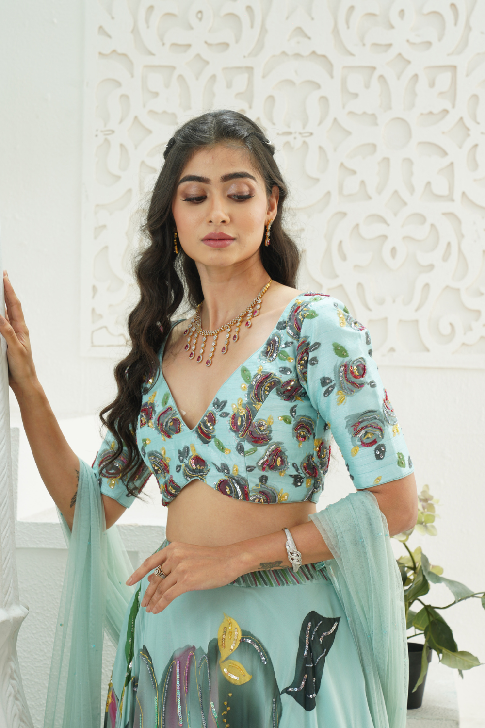 Dusty Blue hand painted lehenga set