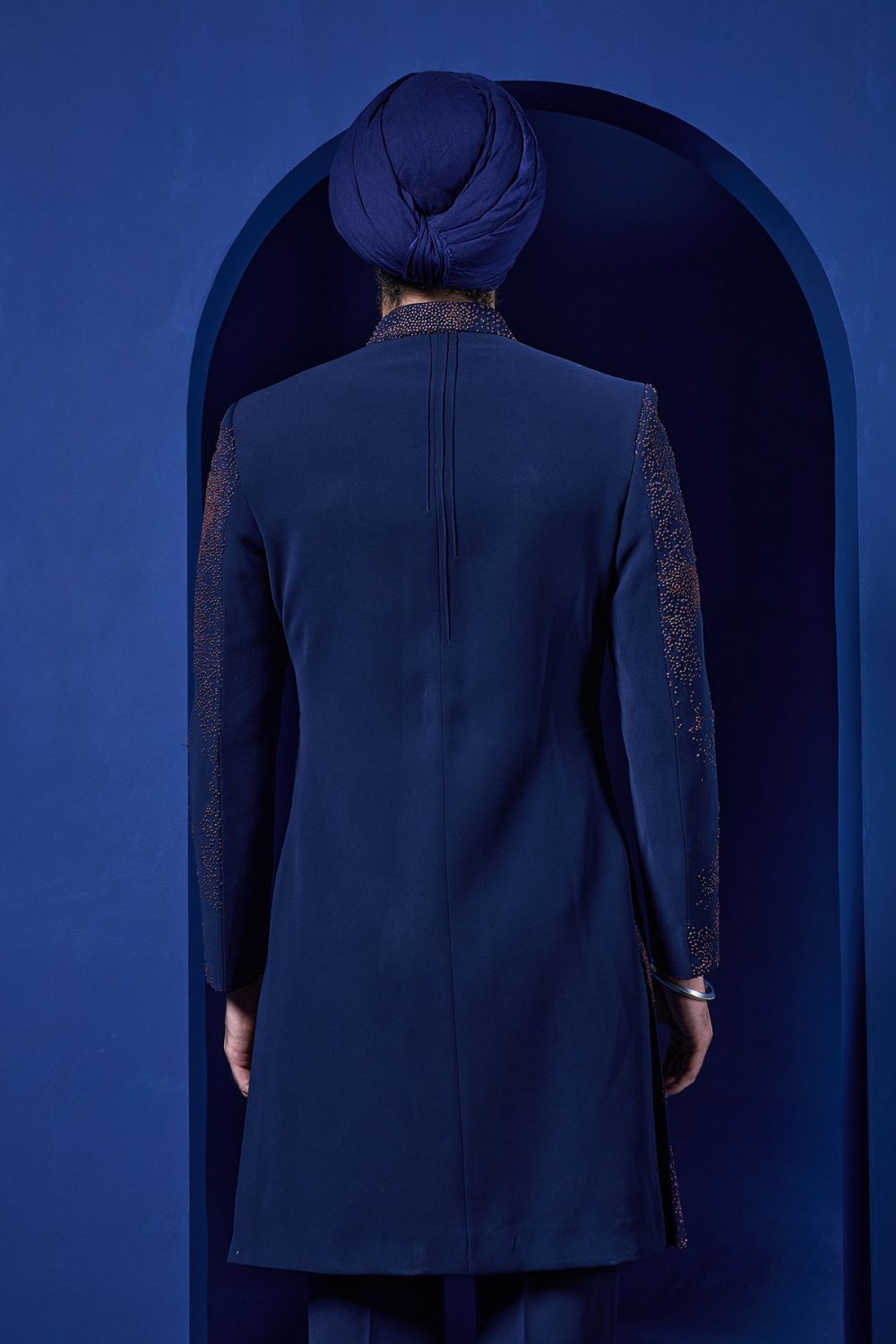 Navy blue indowestern detailing with thread work
