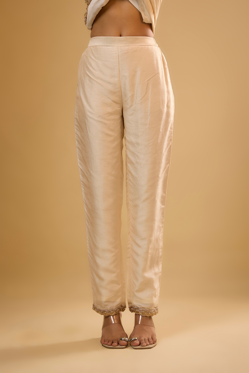 Vanilla white semi dupion kurta pants set with floral gold embroidery