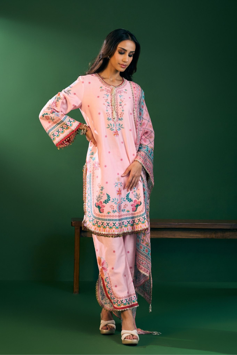 Omira Pima Satin Printed Pink Kurta Set