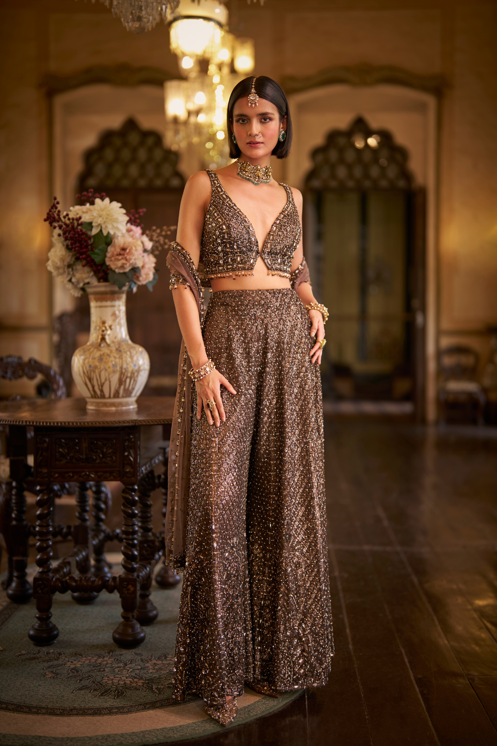 Brown Sequin Sharara Set