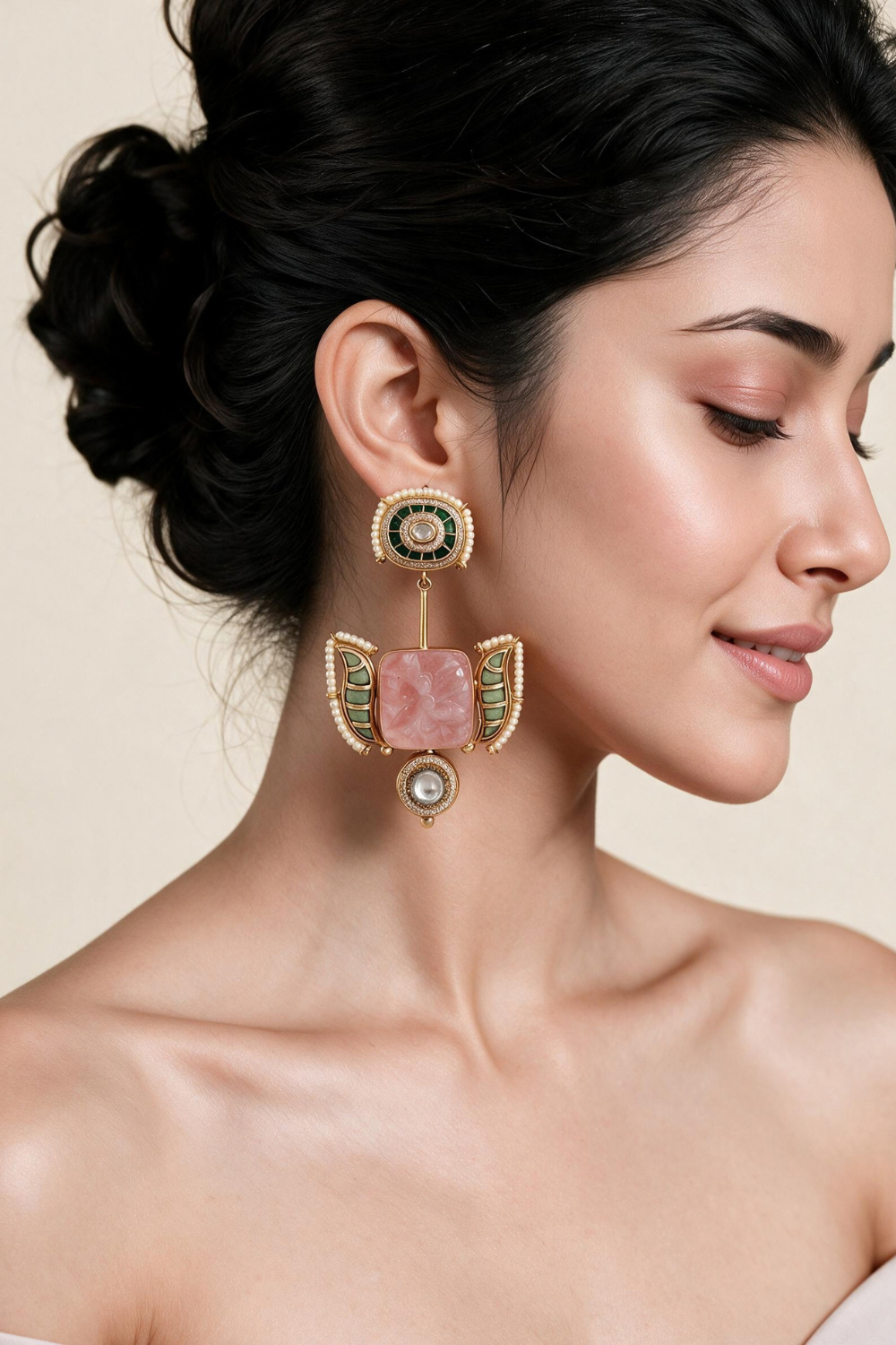 Blush Pink & Emerald Green Semi-Precious Statement Earrings