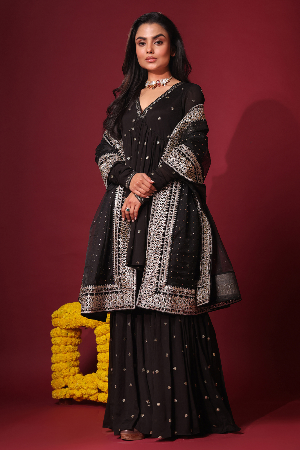 Black Peplum and Gharara Set