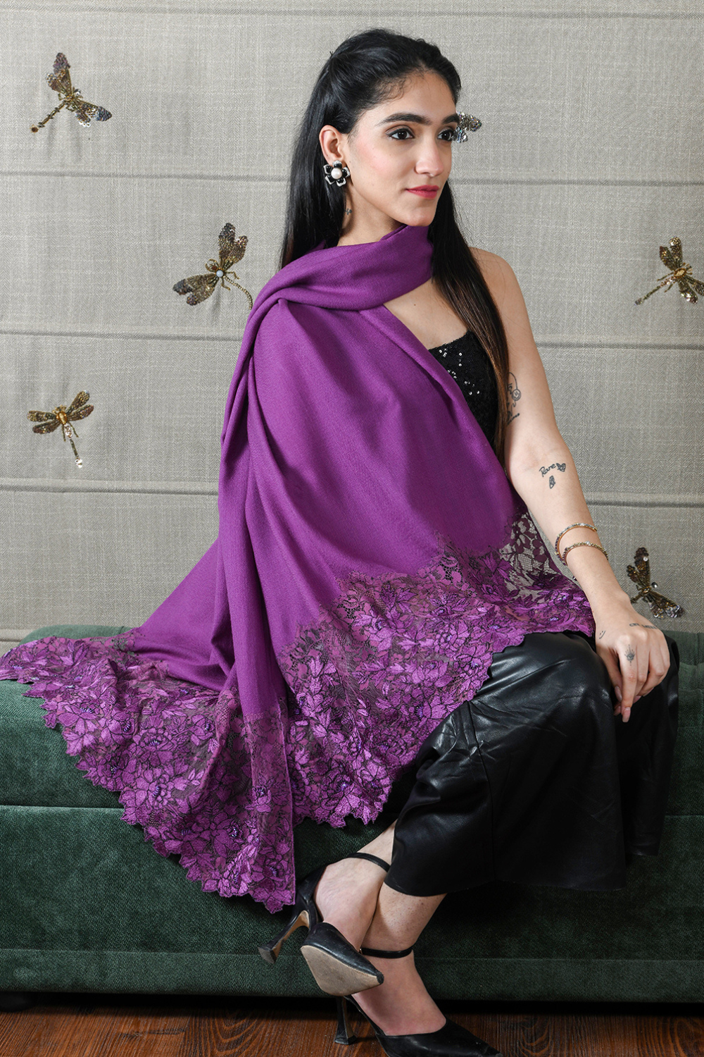 A Rose Filigree | Embroidered Wool Silk Stole – Plum
