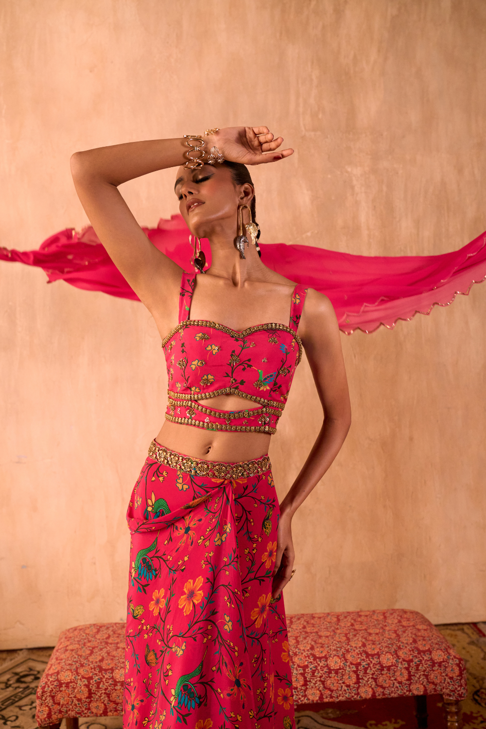 PINK PRINT EMBROIDERED CHOLI, DRAPED SKIRT AND DUPATTA SET