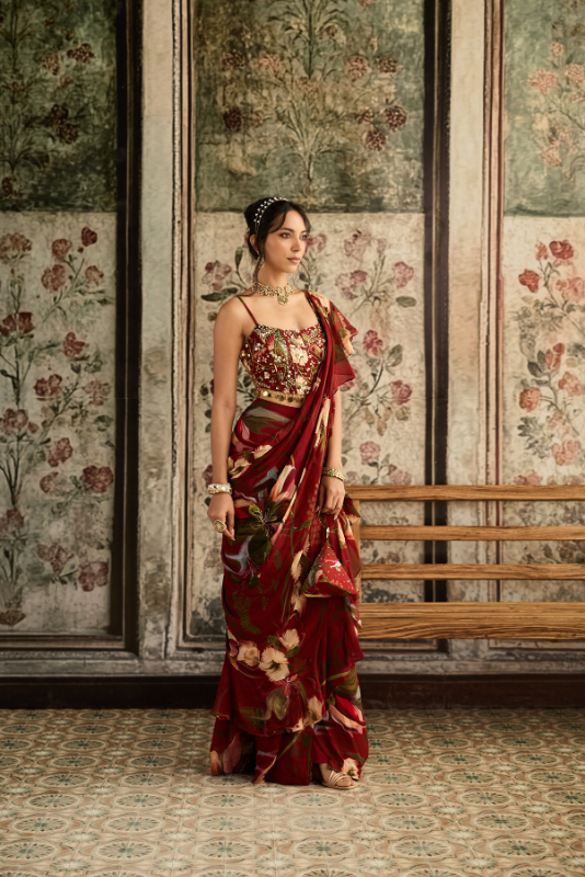 RED FLORAL PRINTED PLEATED SKIRT SAREE SET