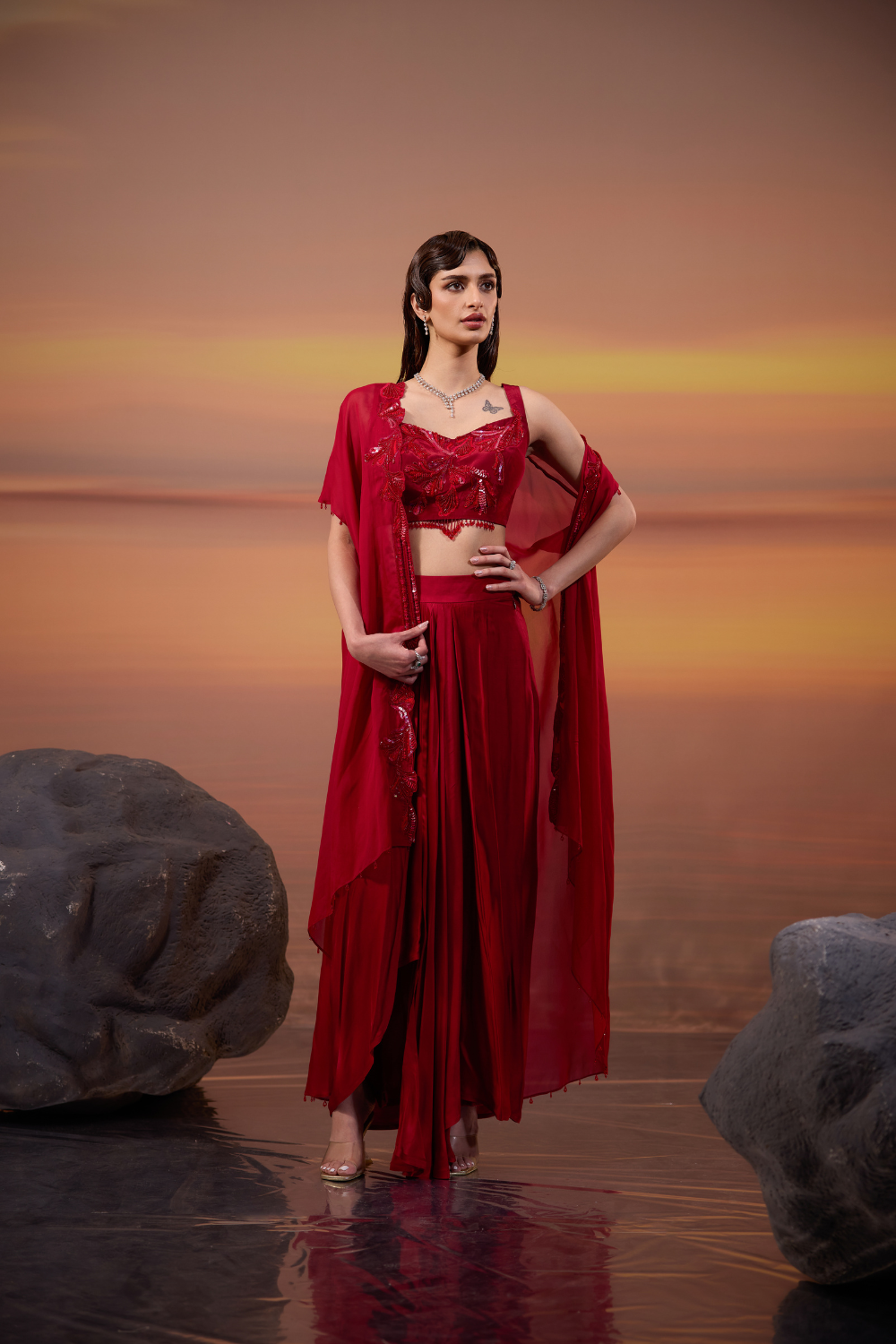 Crimson Embellished Cape Set