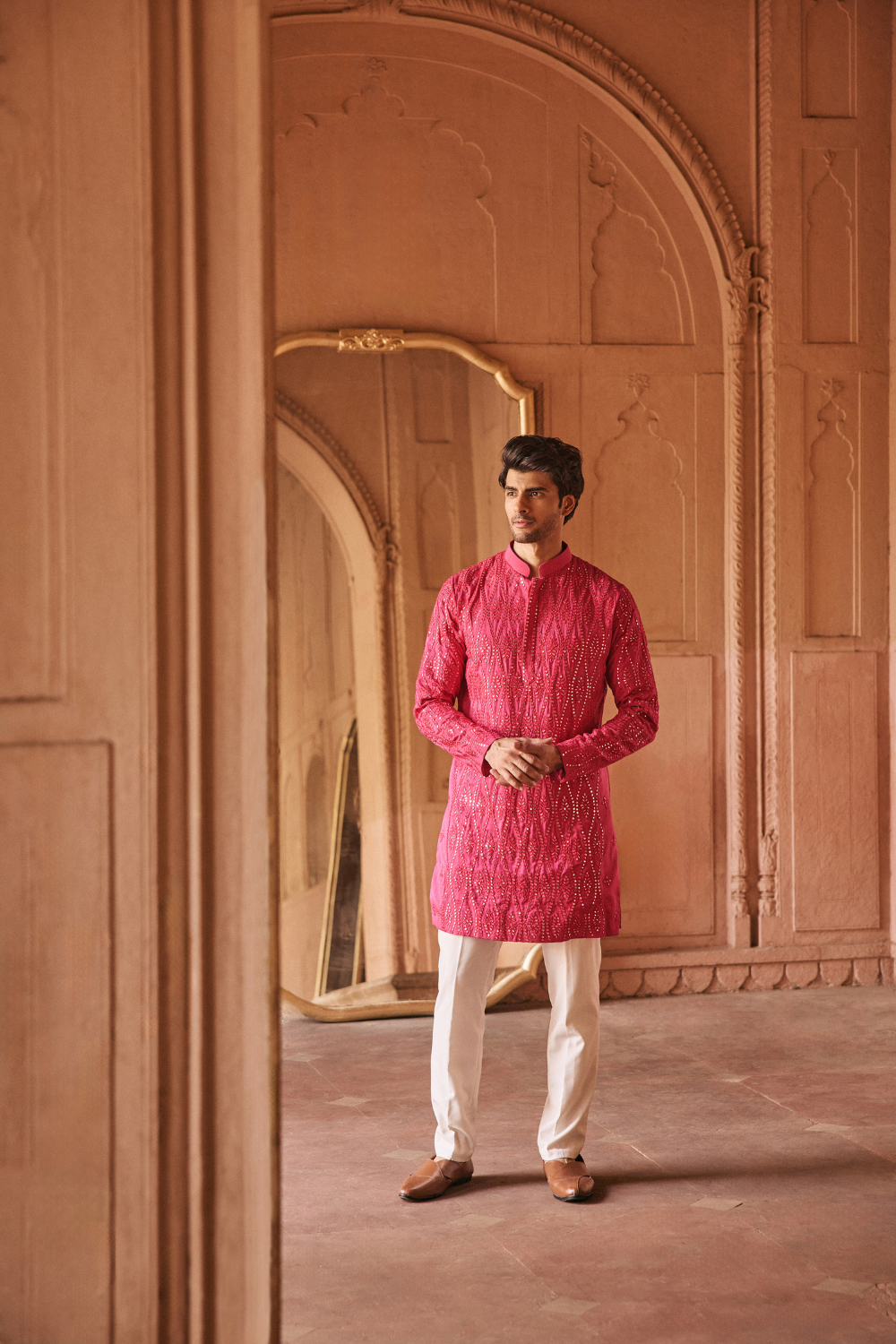 Pink, mirrorwork, raw silk, kurta ensemble
