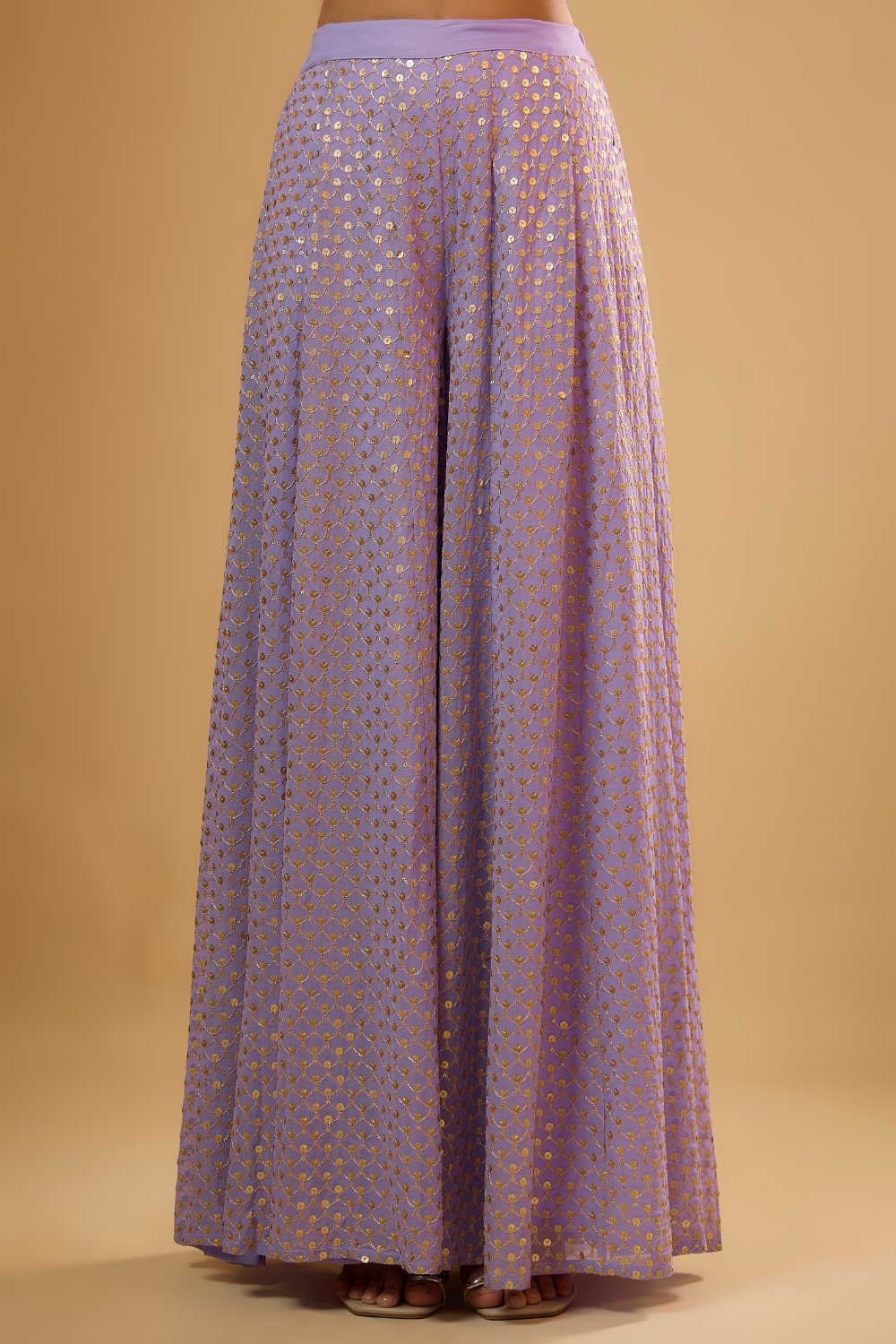 Lavender georgette kurta sharara set with gold mirrors and sequins embroidery