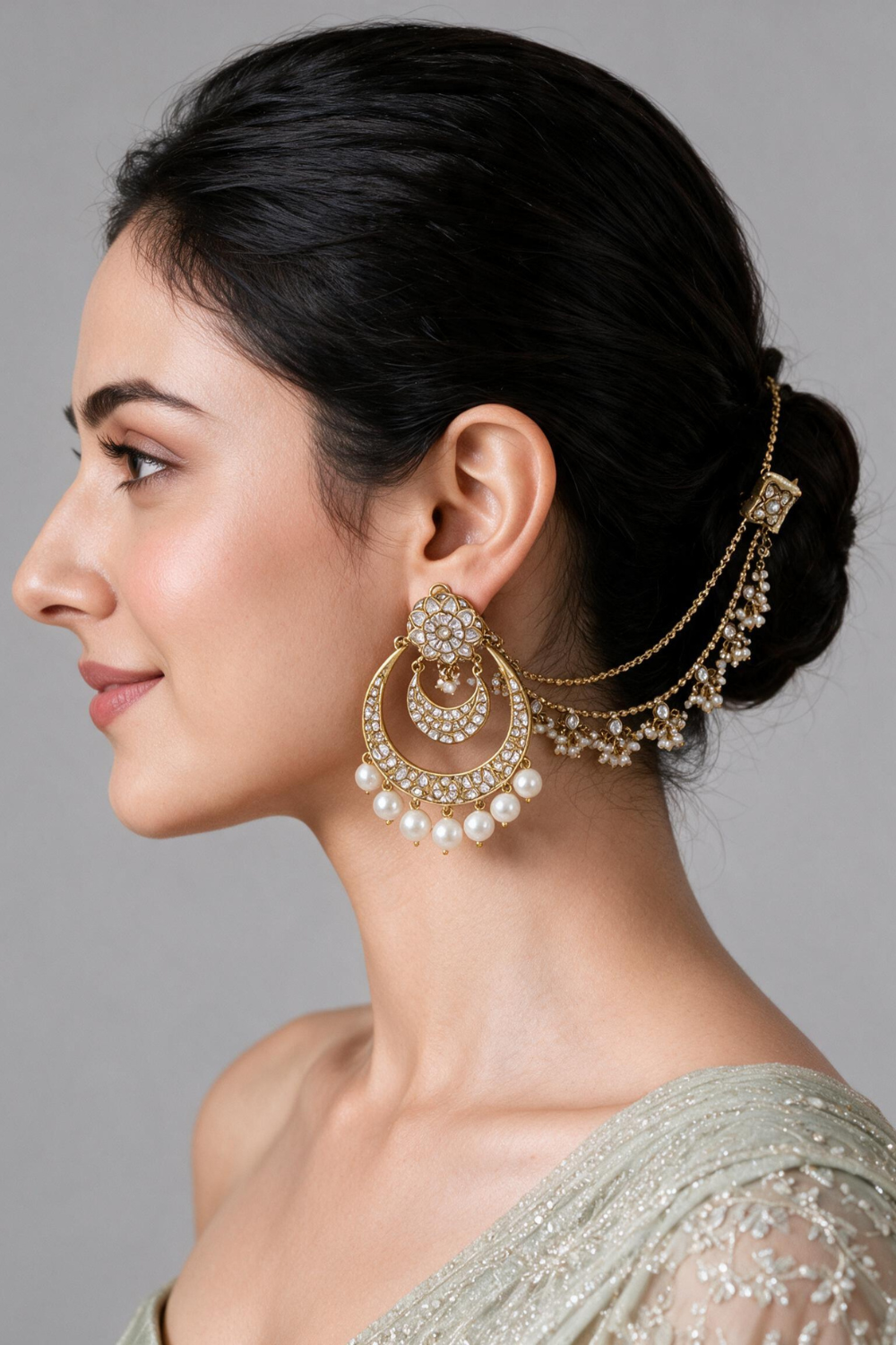 Kundan Pearl Chandbali Earrings with Ear Chains