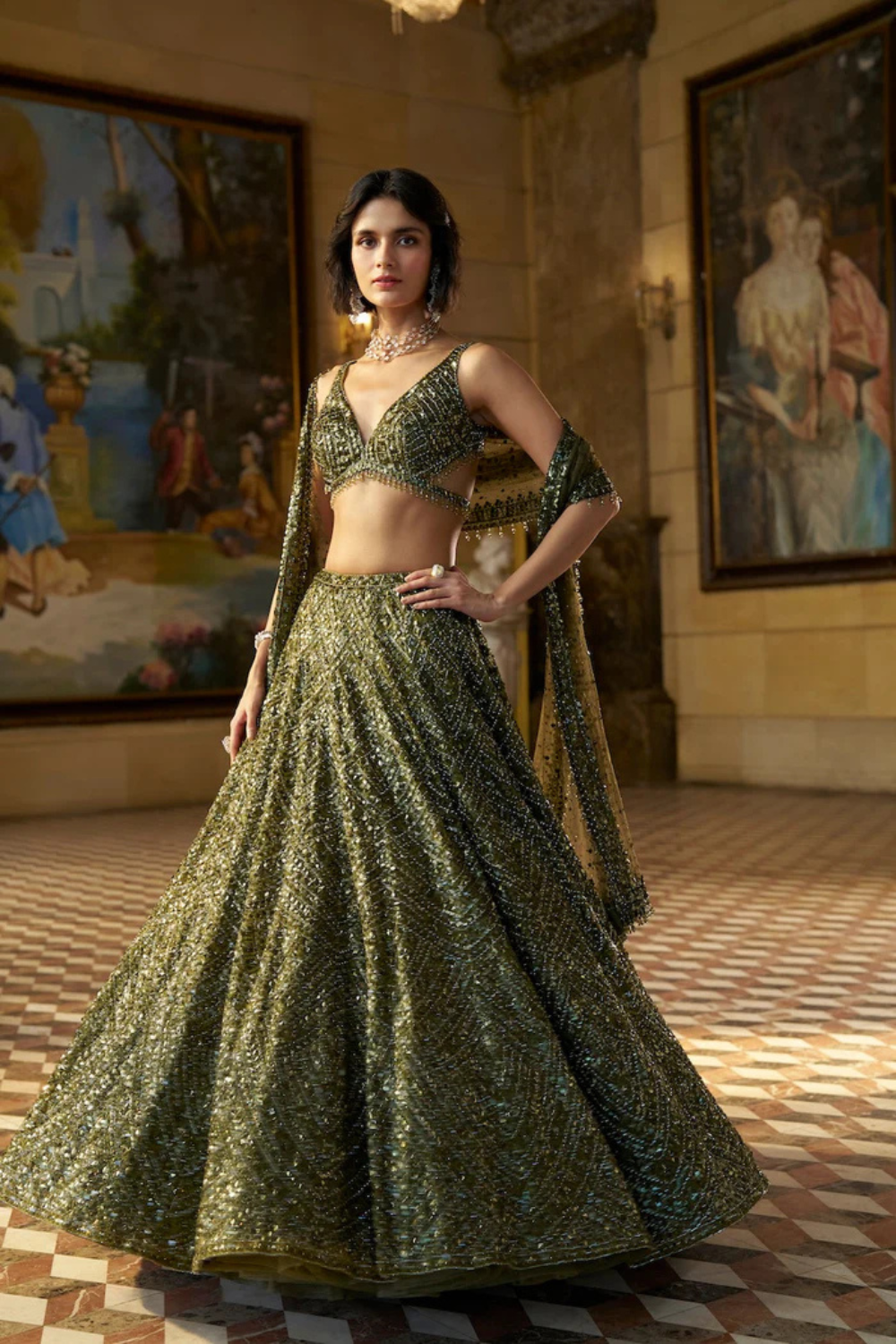 Moss Green Sequin Lehenga Set
