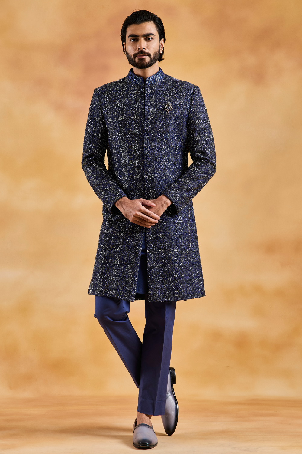 Navy Blue Sherwani Kurta Trouser Set