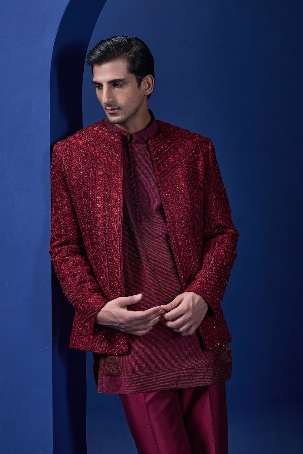 Wine open bandhgala with thread , sequins & pearl work